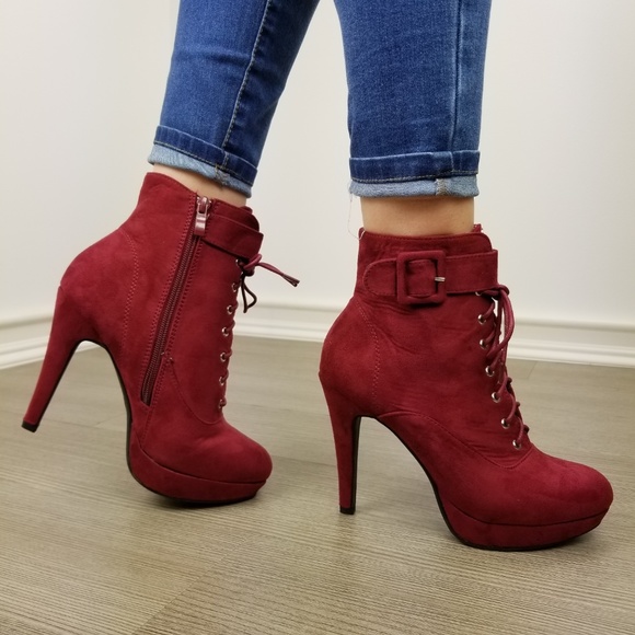 Faux Suede Heel Lace-Up Ankle Booties - Picture 3 of 8